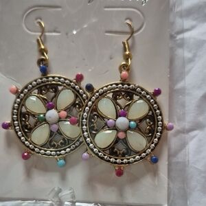 Gold and Cream Floral Medallion Earrings